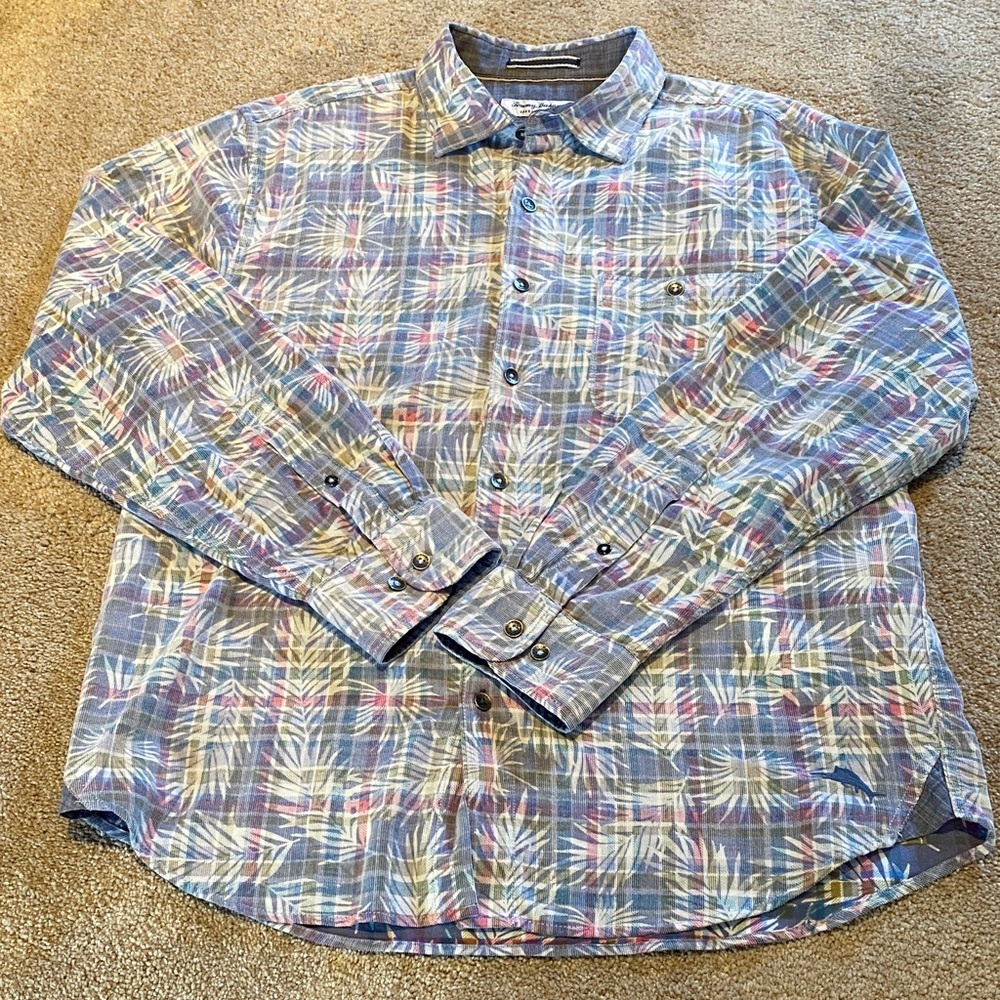 Tommy Bahama Mens Cotton Coastline Cord Palm Plaid Fade Button Up Shirt M